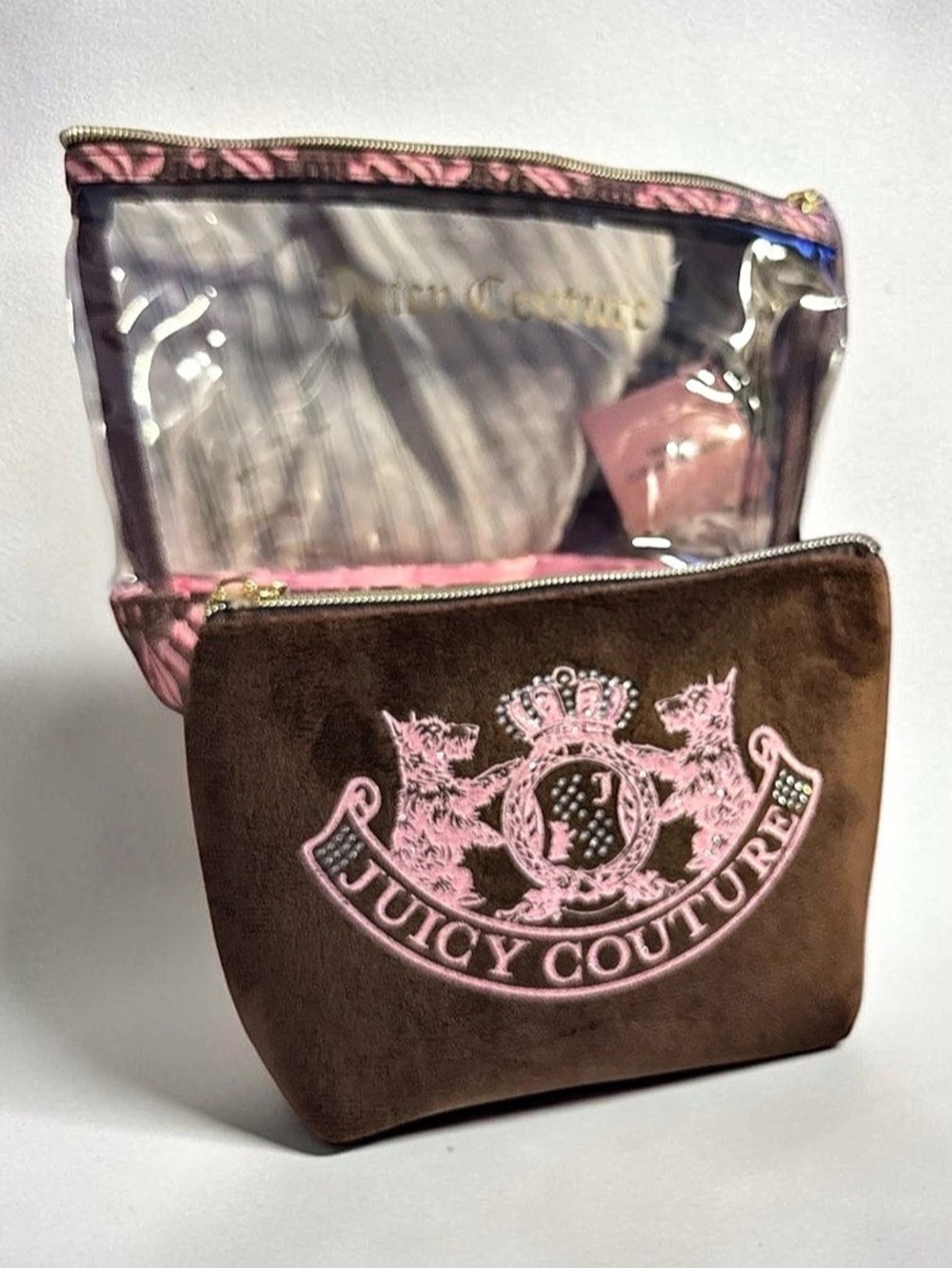 Juicy Couture Brown Velour Crest Clear Travel Cosmetic Bag Set